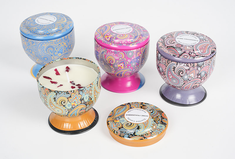 Embossed Paisley Lidded Pedestal Metal Jar Candle